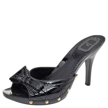 Pre Owned Dior Black Cannage Patent Leather Bow Slide Sandals Size 41