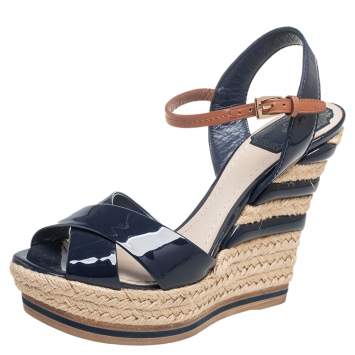Pre Owned Dior Blue Patent Leather Riviera Ankle-Strap Wedge Sandals Size 38