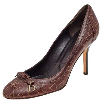 Pre Owned Dior Brown Cannage Leather Bow Detail Round Toe Pumps Size 40.5