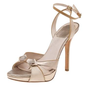Pre Owned Dior Metallic Beige Leather And Satin Bow Ankle Strap Sandals Size 37