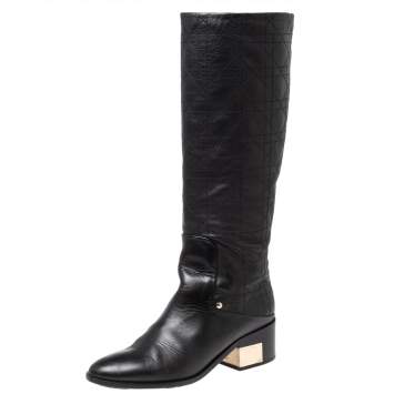 Pre Owned Dior Black Cannage Leather Knee Length Boots Size 36.5