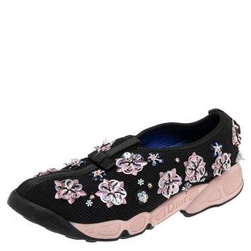 Pre Owned Dior Black/Pink Mesh Fusion Embellished Low-Top Sneakers Size 37