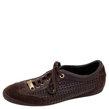 Pre Owned Dior Brown Woven Leather and Suede Low Top Sneakers Size 38
