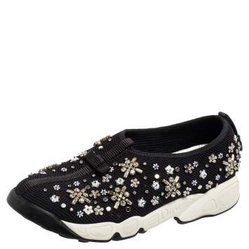 Pre Owned Dior Black Mesh Fusion Crystal Embellished Slip On Sneakers  Size 37