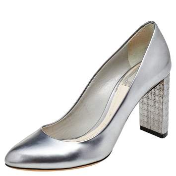 Pre Owned Dior Metallic Silver Leather Cannage Block Heel Pumps Size 36.5