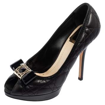 Pre Owned Dior Black Cannage Leather Bow Peep Toe Platform Pumps Size 37
