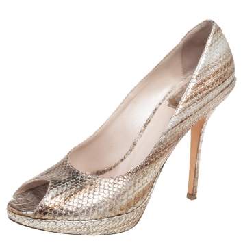 Pre Owned Dior Gold/Silver Python Leather Miss Dior Peep-Toe Platform Pumps Size 39