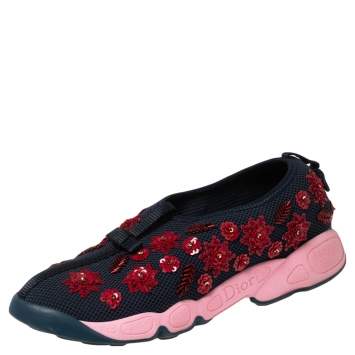 Pre Owned Dior Navy Blue Floral Embellished Mesh Fusion Slip-On Sneakers Size 37.5