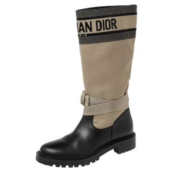 Pre Owned Dior Black/ Khaki Green Leather and Fabric D-Major Calf Boots Size 38.5
