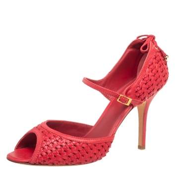 مملوكة مسبقًا Dior Red Woven Leather Ankle Strap Sandals Size 40.5