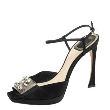 Pre Owned Dior Black Satin PVC Crystal Embellished Open-Toe Ankle-Strap Sandals Size 41