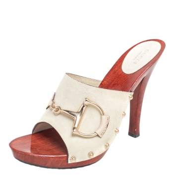Pre Owned Gucci Cream Suede Icon Bit Clog Sandals Size 41