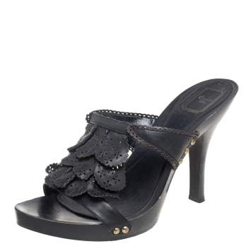 Pre Owned Dior Black Leather Laser Cut Detail Clog Sandals Size 41