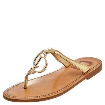 Pre Owned Dior Gold Leather CD Logo Thong Slide Sandals Size 37