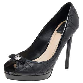 Pre Owned Dior Black Patent And Leather Bow Peep Toe Platform Pumps Size 39