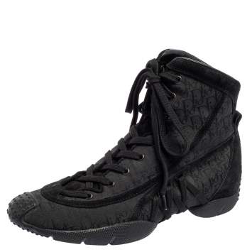 Pre Owned Dior Black Oblique Canvas and Leather Lace Up High Top Sneakers Size 36