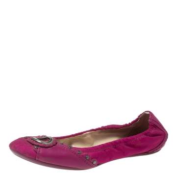 Pre Owned Dior Magenta Studded Leather And Canvas Logo Scrunch Ballet Flats Size 36.5