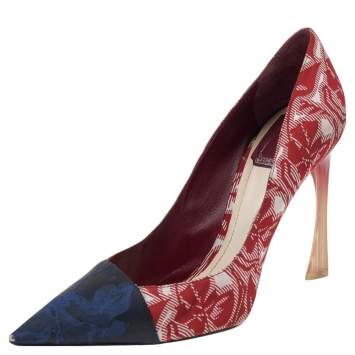 Pre Owned Dior Blue/Red Floral Brocade Fabric Pumps Size 38
