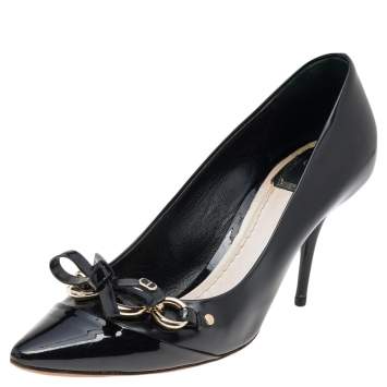 Pre Owned Dior Black Patent Leather Bow Chain Detail Pumps Size 39
