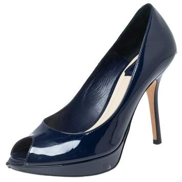Pre Owned Dior Navy Blue Patent Leather Platform Peep Toe Pumps Size 37