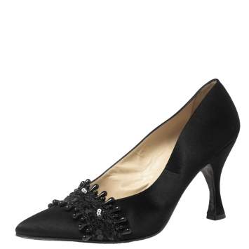 Pre Owned Dior Black Satin Embellished Pointed Toe Pumps Size 40