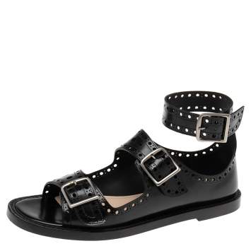 Pre Owned Dior Black Perforated Leather Teddy D Buckles Flat Sandals Size 39