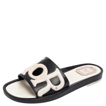Pre Owned Dior Black/Light Pink Leather Marina Flat Slides Size 39