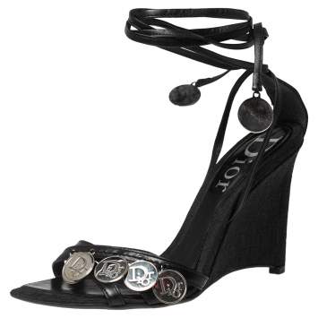 Pre Owned Dior Black Leather Coins Embellished Wedge Ankle-Tie Sandals Size 37