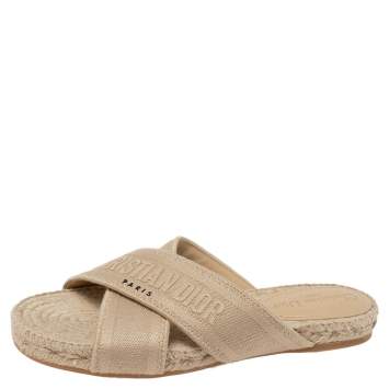 Pre Owned Dior Beige Canvas Crisscross Strap Espadrille Flat Sandals Size 37.5