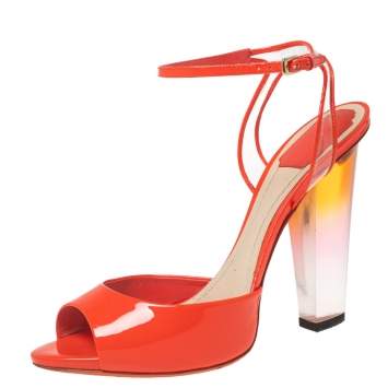 Pre Owned Dior Orange Patent Leather and PVC Clear Block Heels Ankle-Strap Sandals Size 41