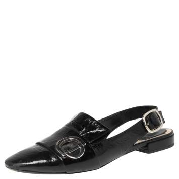 Pre Owned Dior Black Crinkled Patent Leather CD Buckle Slingback Flat Sandals Size 38.5
