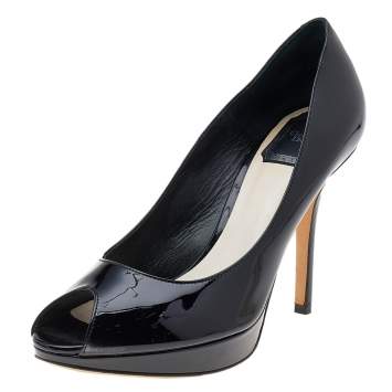 Pre Owned Dior Black Patent Leather Miss Dior Peep Toe Platform Pumps Size 39