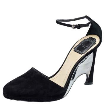 Pre Owned Dior Black Suede Optique Wedge Ankle Strap Sandals Size 39.5