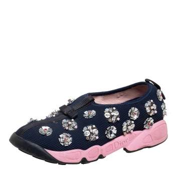 Pre Owned Dior Navy Blue Mesh Fusion Embellished Sneakers Size 36.5