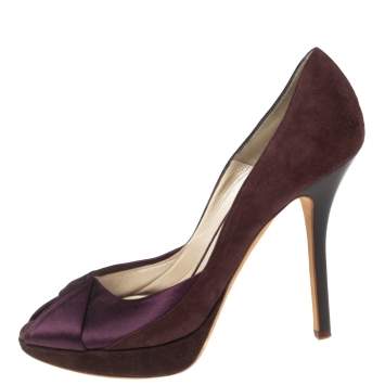 Pre Owned Dior Plum/Purple Suede and Satin Peep-Toe Pumps Size 36