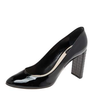 Pre Owned Dior Black Patent Leather Cannage Block Heel Pumps Size 39.5