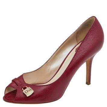 Pre Owned Dior Red Leather Lock Detail Peep Toe Pumps Size 41