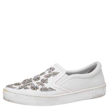 Pre Owned Dior White Canvas And Leather Embroidered Slip On Sneakers Size 39