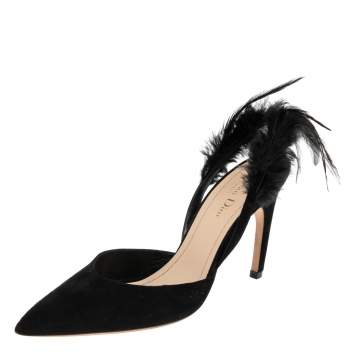 Pre Owned Dior Black Suede and Feather Ethnie Slingback Sandals Size 37.5