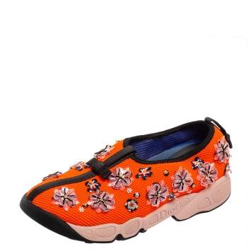 Pre Owned Dior Orange Embellished Mesh Fusion Slip-On Sneakers Size 36.5