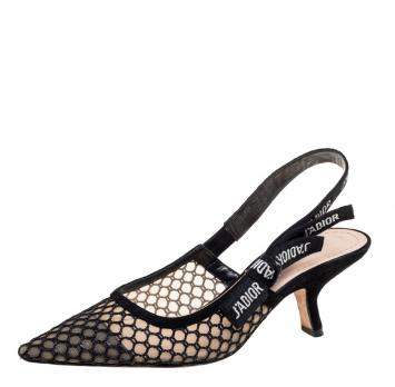 Pre Owned Dior Black/Beige Mesh And Net J'Adior Slingback Pumps Size 37