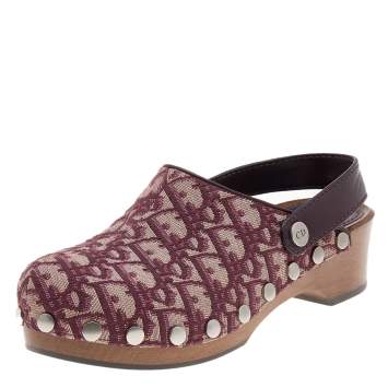Pre Owned Dior Beige/Burgundy Oblique Canvas And Leather  Slingback Clog Sandals Size 37