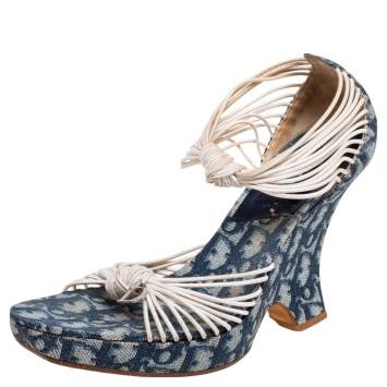 Pre Owned Dior Navy Blue/White Canvas And Elastic Trotter  Heel  Sandals Size 39