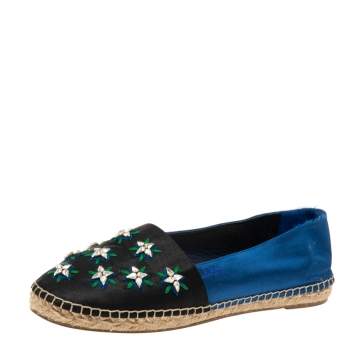 Pre Owned Dior Navy Blue/Black Canvas Embellished Espadrille Flats Size 40