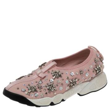 Pre Owned Dior Pink Sequins Embellished Mesh Fusion Slip-on Sneakers Size 35.5