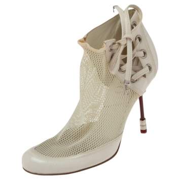 Pre Owned Dior White Net And Leather Lace Up  Ankle Boots Size 35