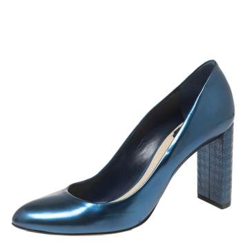 Pre Owned Dior Blue Patent Leather Cannage Block Heel Pumps Size 38