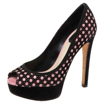 Pre Owned Dior Black/Pink Cannage Cutout Suede And Leather Peep Toe Platform Pumps Size 35