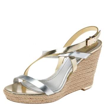 Pre Owned Dior Metallic Leather Criss Cross Wedge Espadrille Ankle Strap Sandals Size 41