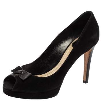 Pre Owned Dior Black Leather and Suede Bow Peep Toe Pumps Size 38